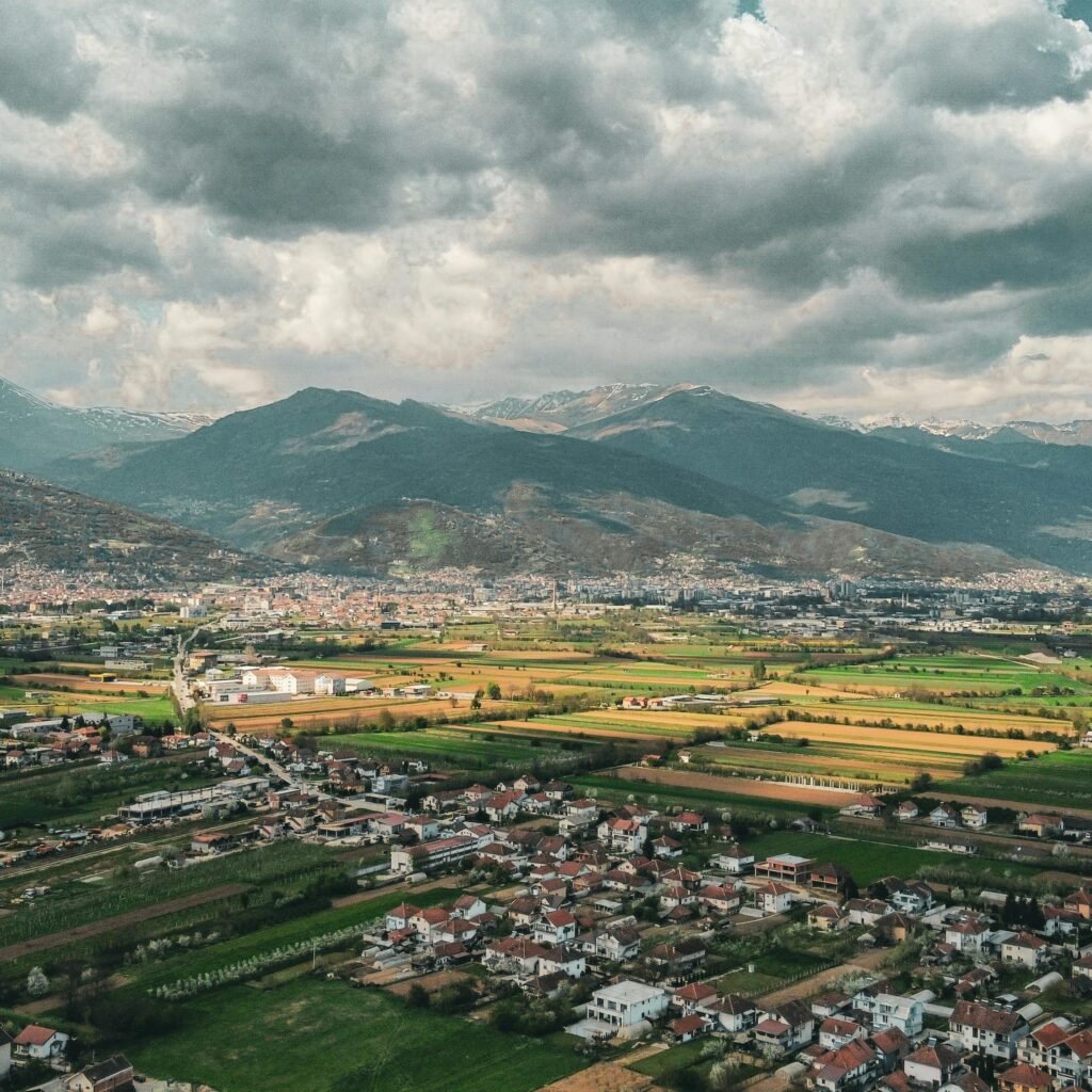 Town and Fields in Countryside