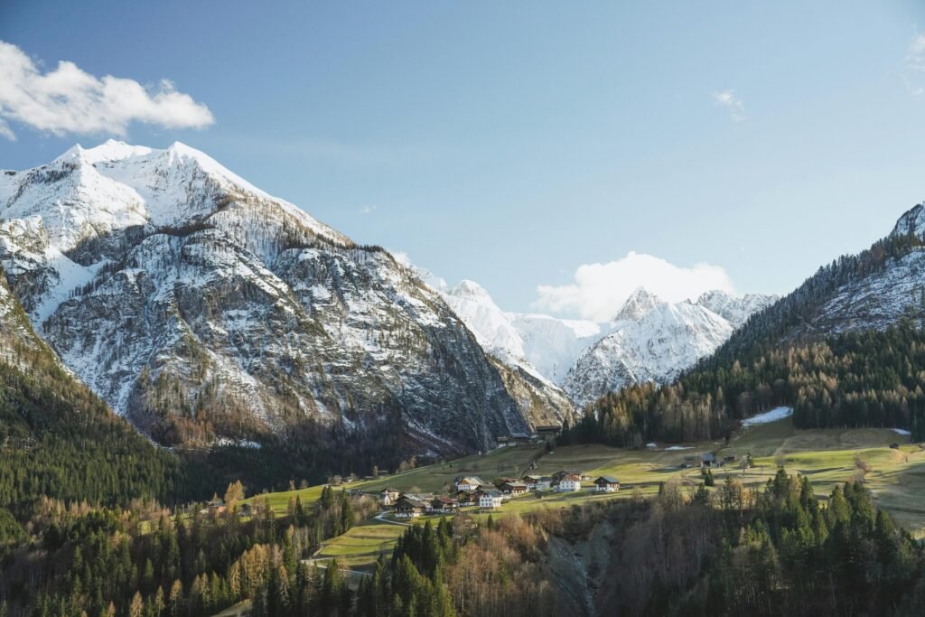 Picturesque Alpine Village in Snow-Covered Mountains